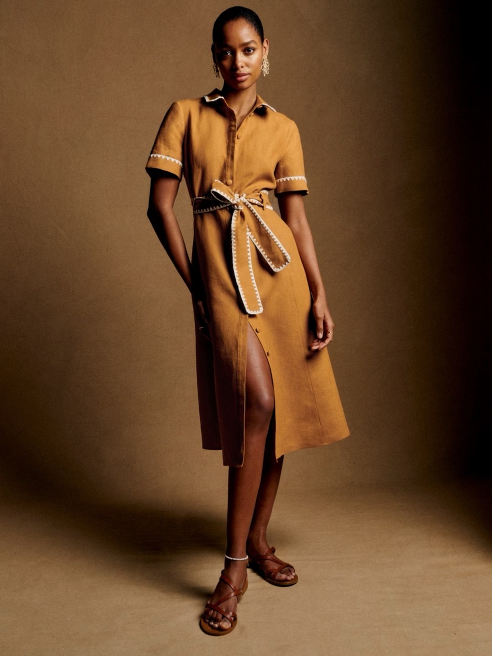 Sezane Mustard Shirt Dress with Contrast Trim
